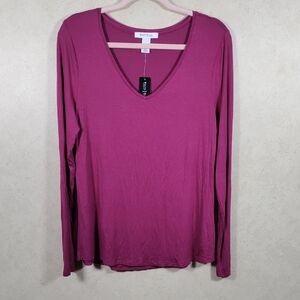 H145 White House Black Market Merlot knit v-neck L/S tee L NWT